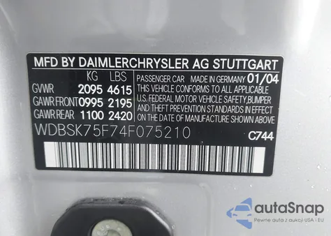 2004 Mercedes-Benz Sl 500 z USA, uszkodzony, nr VIN WDBSK75F74F075210